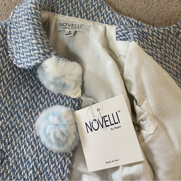 NWT Novelli brand, made in Italy Blue and White Wool Coat with Rabbit fur accent - Picture 10 of 10